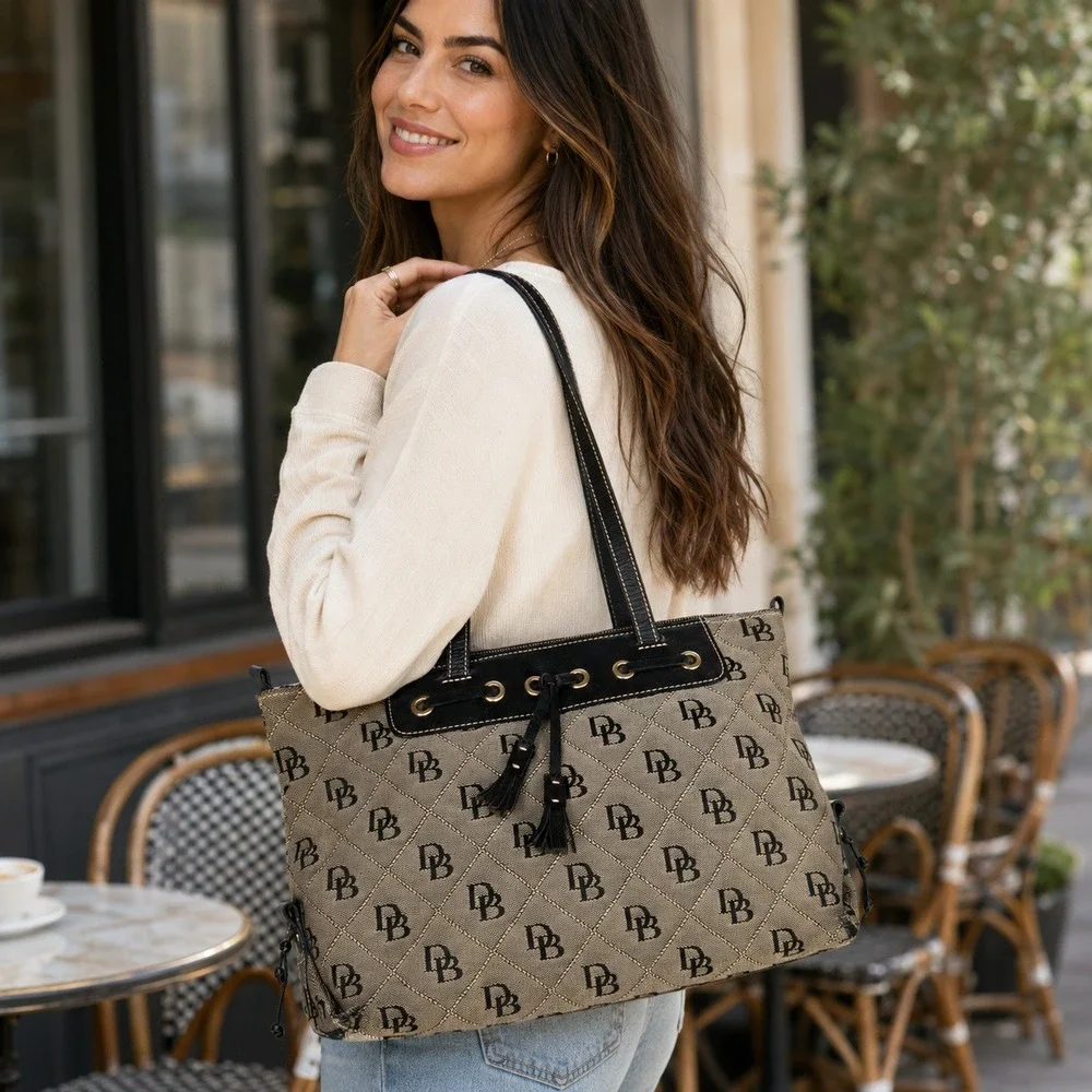 Dooney Bourke DB Signature Canvas Shoulder Tote Bag Black Leather Trim